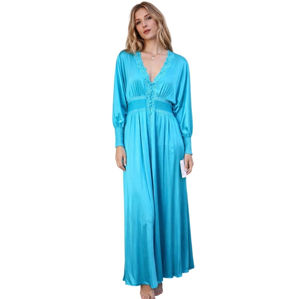 VANITY FAIR Vintage Aquamarine Lace Trim Robe Nightgown LP NEW OLD STOCK‎